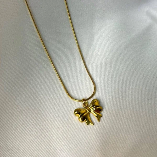 Anti Tarnish 18K Gold Plated Small Bow Minimal Necklace - Image 2
