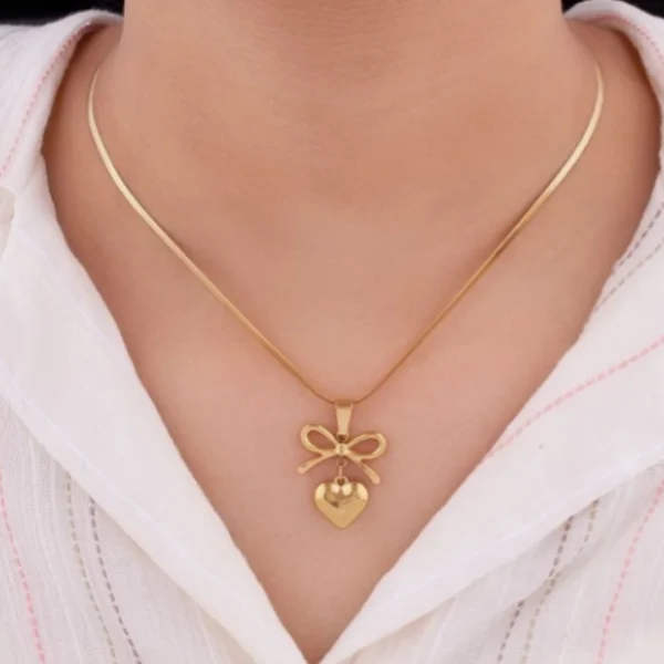 Anti Tarnish 18K Gold Plated Bow Heart Minimal Necklace - Image 3