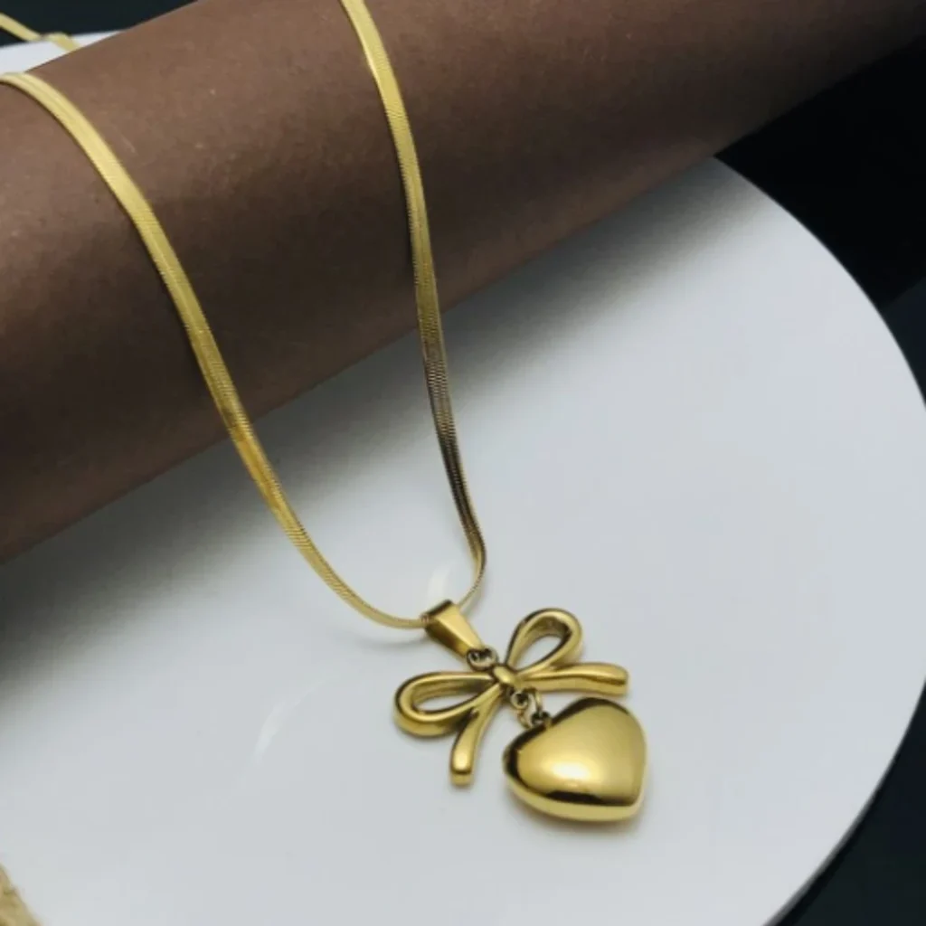 Anti Tarnish 18K Gold Plated Bow Heart Minimal Necklace