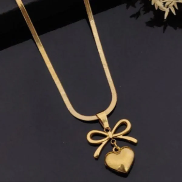 Anti Tarnish 18K Gold Plated Bow Heart Minimal Necklace - Image 2