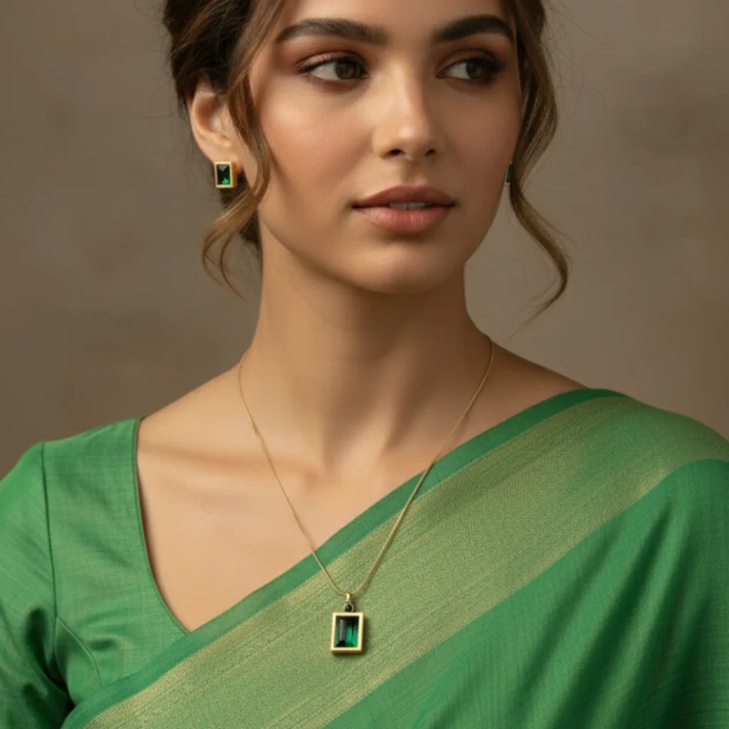 Gold-Plated Anti Tarnish Jewellery Emerald Look Necklace with Earings