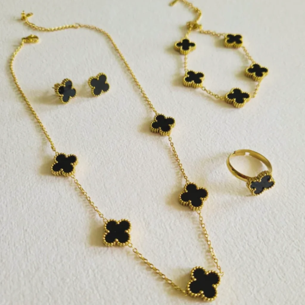 Gold Plated Anti Tarnish Black Clover Jewellery Set