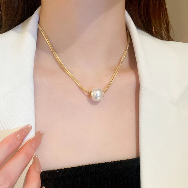 Gold Plated Stainless Steel Anti Tarnish Big Pearl chain Pendant