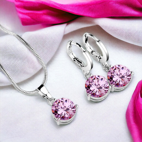 Silver Plated Pink CZ Stone-Studded Colorful Anti Tarnish Pendant Set