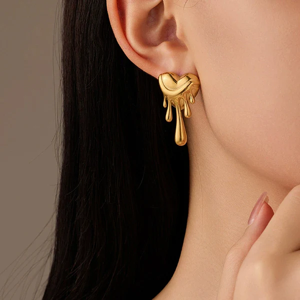 Gold Plated Anti Tarnish Stainless Steel Melted Hearts Drop Earrings - Image 8
