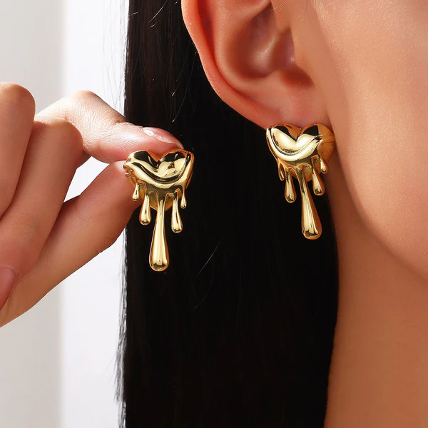 Gold Plated Anti Tarnish Stainless Steel Melted Hearts Drop Earrings