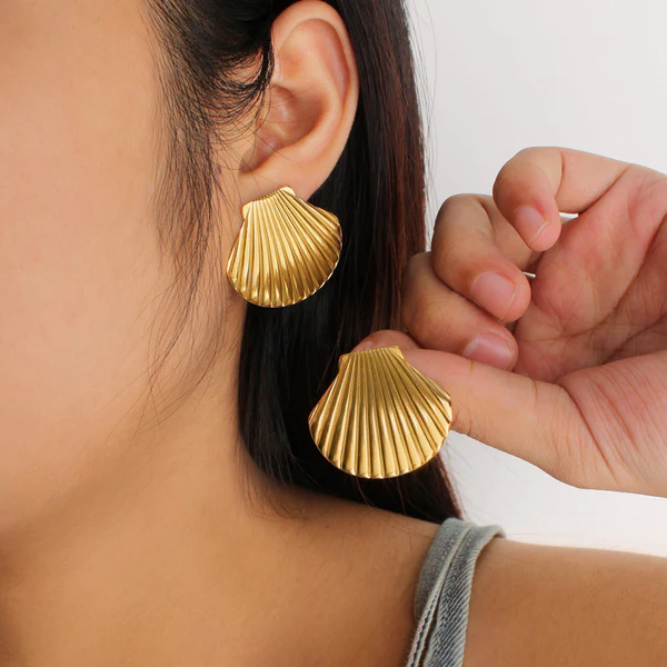 Gold Plated Anti Tarnish Stainless Steel Shell Shaped Stud Earrings