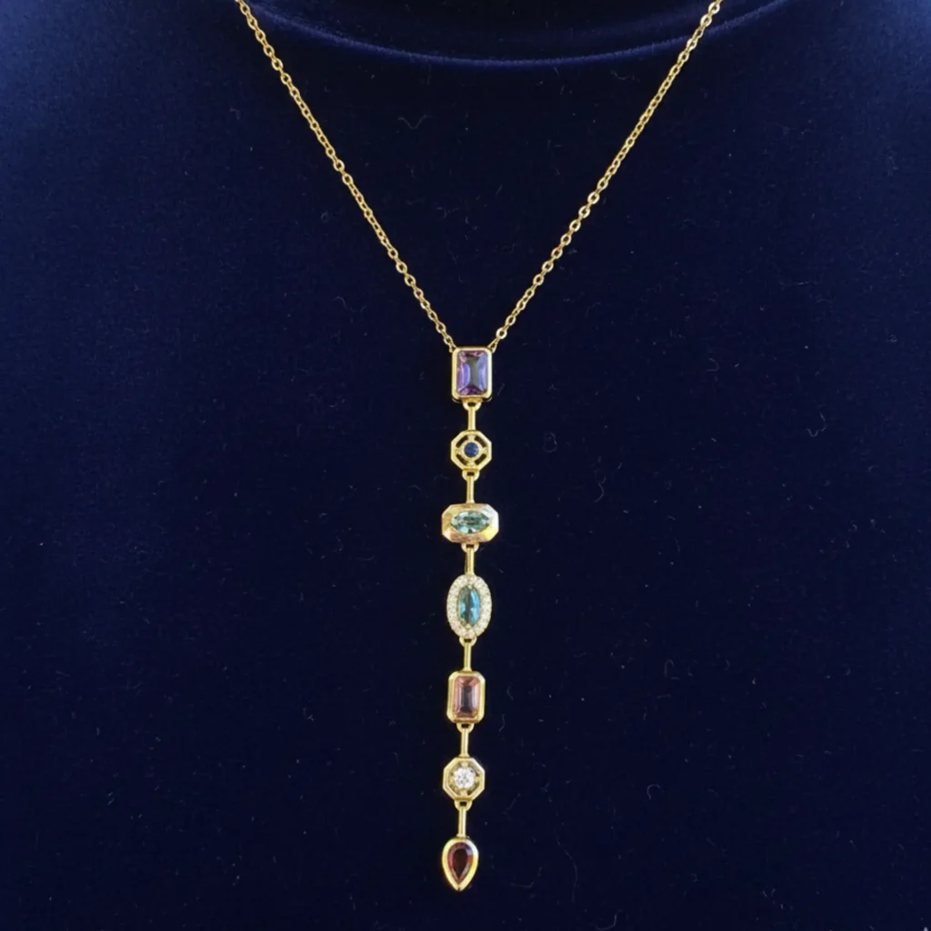 Multi Color American Diamond Anti Tarnish Necklace for Women |18K Gold Plated Rainbow Stone Y Drop Pendant | Waterproof Minimalist Jewelry for Girls