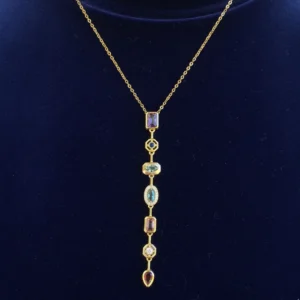 Multi Color American Diamond Anti Tarnish Necklace for Women |18K Gold Plated Rainbow Stone Y Drop Pendant | Waterproof Minimalist Jewelry for Girls