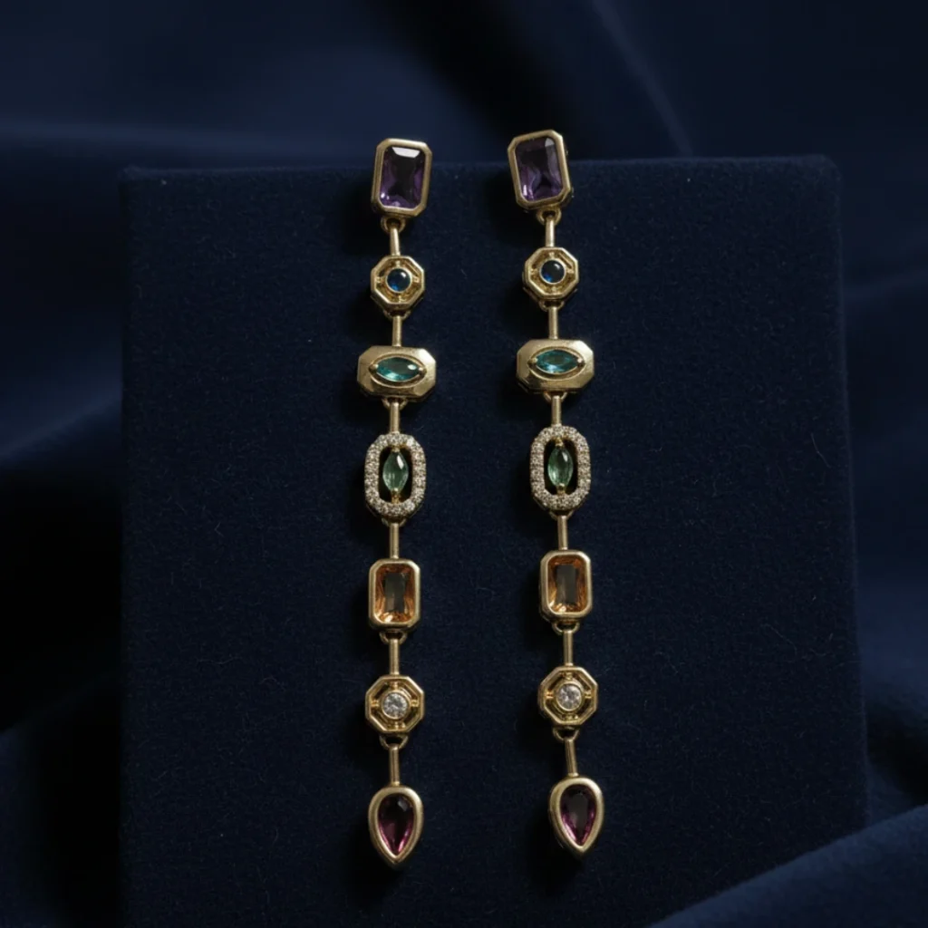 Anti Tarnish 18k Gold Plated Dangler Earrings for Women & Girls | Multi Color Rainbow Zircon Stones | Hypoallergenic Sparkly Drop Earrings for Festive, Party and Wedding Wear