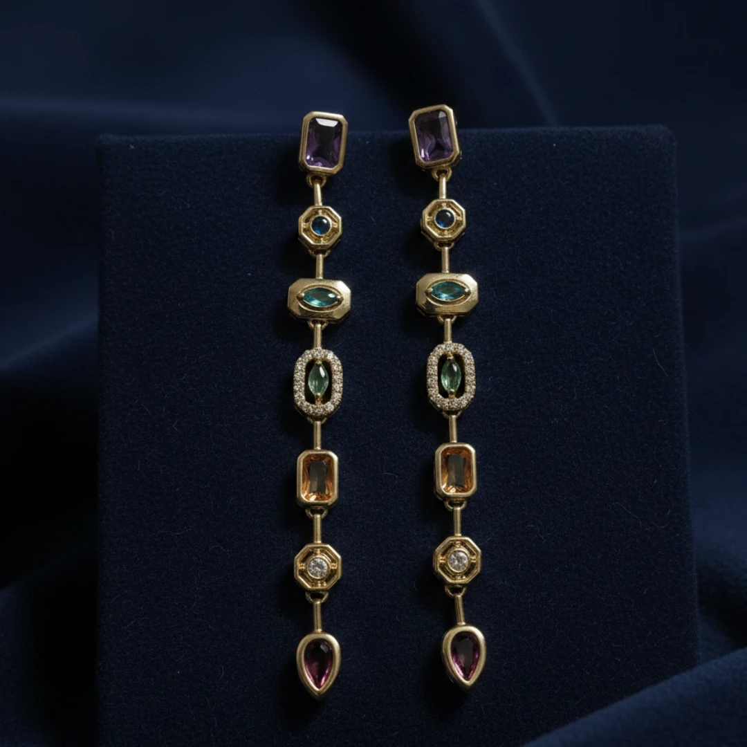 Anti Tarnish 18k Gold Plated Dangler Earrings for Women & Girls | Multi Color Rainbow Zircon Stones | Hypoallergenic Sparkly Drop Earrings for Festive, Party and Wedding Wear