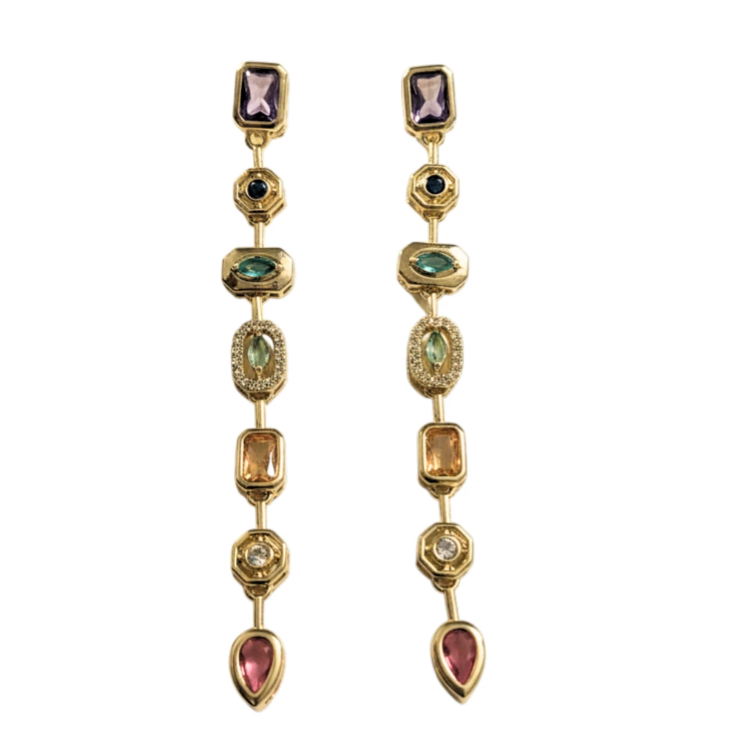 Anti Tarnish 18k Gold Plated Dangler Earrings for Women & Girls | Multi Color Rainbow Zircon Stones | Hypoallergenic Sparkly Drop Earrings for Festive, Party and Wedding Wear - Image 5