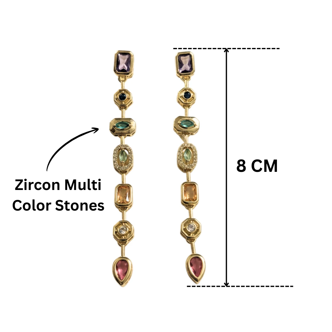 Anti Tarnish 18k Gold Plated Dangler Earrings for Women & Girls | Multi Color Rainbow Zircon Stones | Hypoallergenic Sparkly Drop Earrings for Festive, Party and Wedding Wear - Image 6
