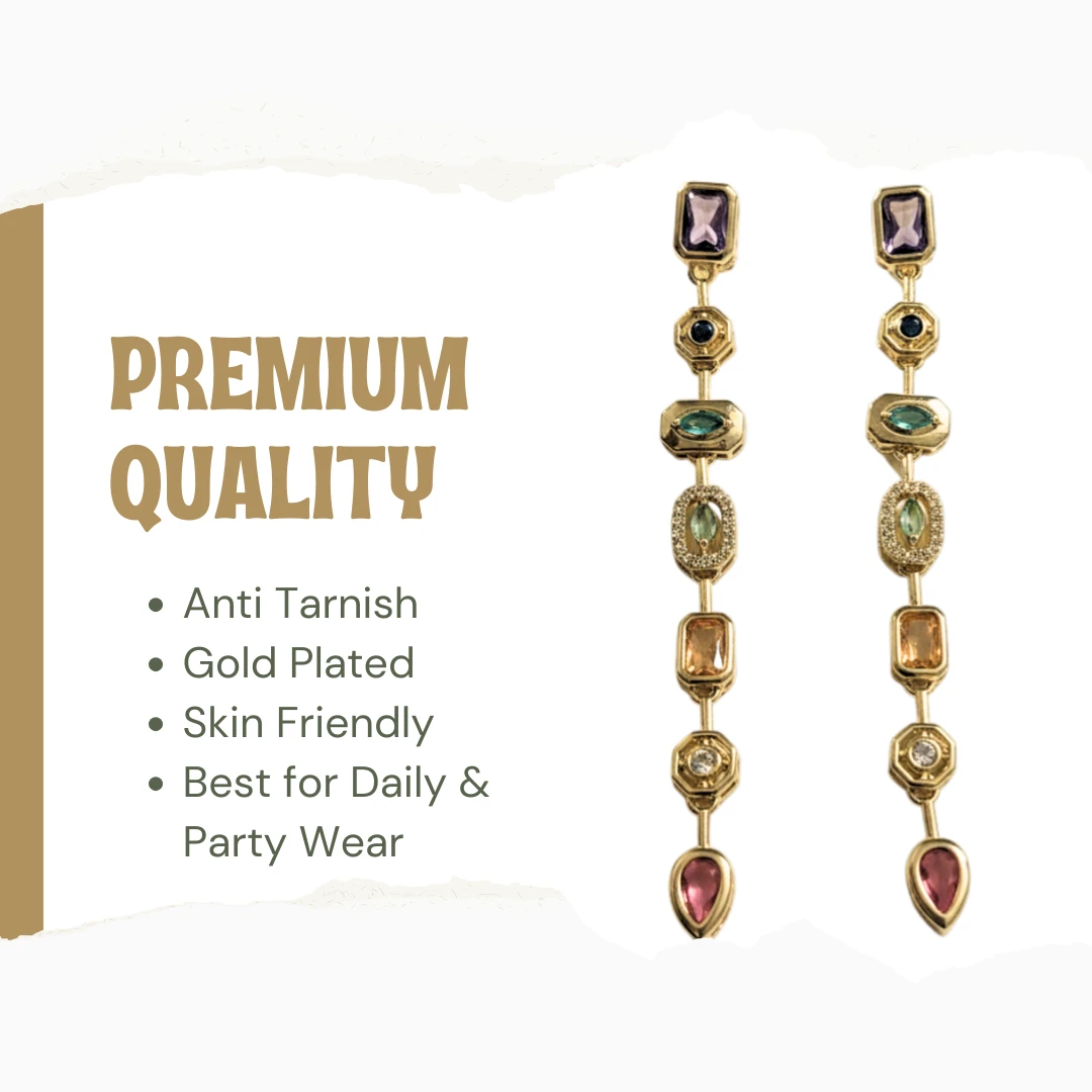Anti Tarnish 18k Gold Plated Dangler Earrings for Women & Girls | Multi Color Rainbow Zircon Stones | Hypoallergenic Sparkly Drop Earrings for Festive, Party and Wedding Wear - Image 2