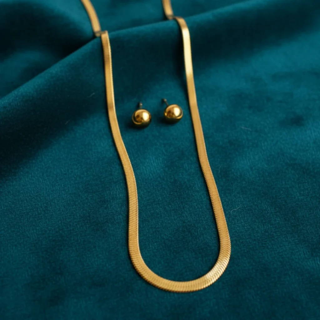 Anti-Tarnish Gold Plated Stainless Steel Flat Snake Chain and Half Round Stud Earrings Set