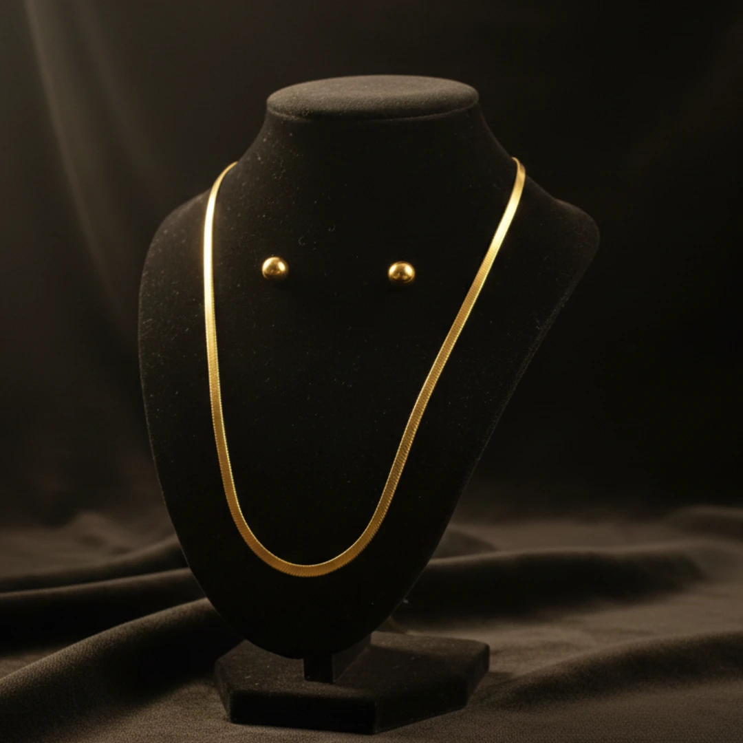 Anti-Tarnish Gold Plated Stainless Steel Flat Snake Chain and Half Round Stud Earrings Set - Image 2