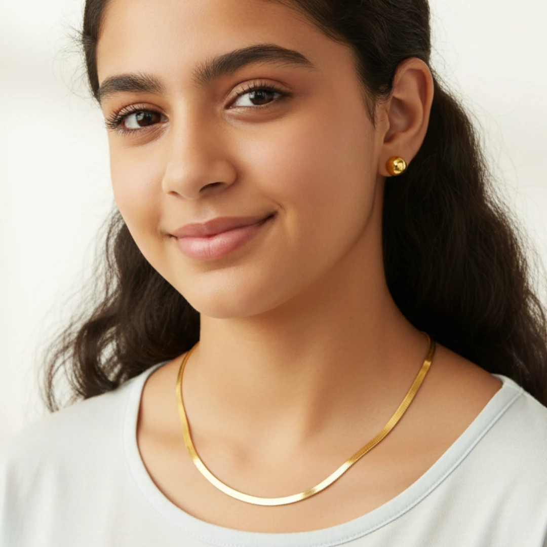 Anti-Tarnish Gold Plated Stainless Steel Flat Snake Chain and Half Round Stud Earrings Set - Image 6